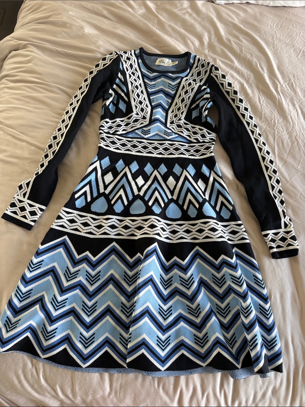 Eliza J Black, Light Blue & White Geometric Knit Dress